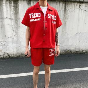 Ensemble short et t-shirt baggy en nylon épais pour l'été, impression sérigraphique, streetwear personnalisé, chemise boutonnée surdimensionnée pour homme - Product Image 1