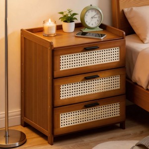 Table de Chevet Moderne de Luxe en Bois avec Tiroir et Rattan Blanc, Meuble de Rangement Style Mid-Century pour Chambre à Coucher - Product Image 5