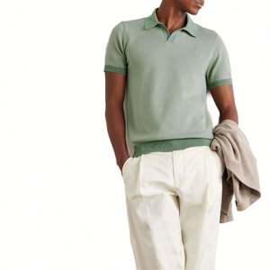 เสื้อโปโลผ้าฝ้ายถักนิตติ้งของผู้ชายหรูหราวินเทจเสื้อโปโลถักนิตติ้งแขนสั้นเข้ารูปแบบคลาสสิก - Product Image 1