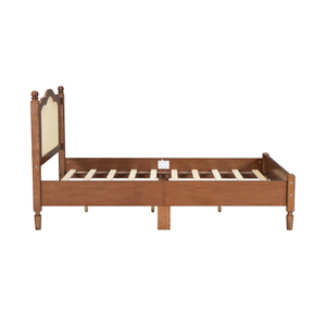Full Size Wooden Platform <b>Bed</b> with Natural Rattan Headboard, Vintage <b>Bed</b> Frame with Wooden Slat Support - Product Image 4