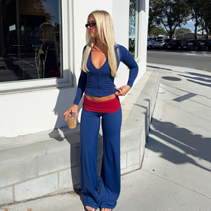 Women's Blue Two Piece <b>Set</b> Long Sleeve Zip up Hoodie with Red Waistband Casual Pants Gym Activewear Workout Outfit Quick Dry - Product Image 3
