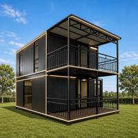 Casa Contenedor de Dos Pisos, Casa Modular Dúplex, Metal Corrugado Negro, Iluminación LED, Balcón, Jardín, Villa, Venta al Por Mayor, OEM
