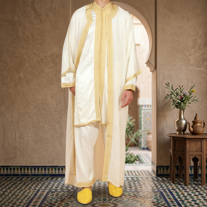 Abaya élégante pour femme en soie anti-rides avec broderie dorée, col montant, manches longues, longueur ras du sol, toutes saisons - Product Image 3