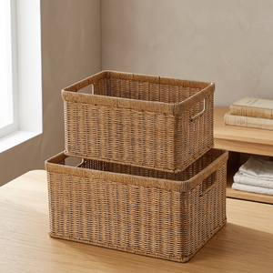 Rattan <b>Storage</b> <b>Baskets</b> Rectangle <b>With</b> Handles Rustic Multi Purpose Neatening Organizers - Product Image 2