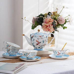 British Afternoon <b>Tea</b> <b>Set</b> One <b>Pot</b> Four Cups Flower Bird Coffee Cup Saucer Light Luxury Housewarming Gift Premium Gift Box - Product Image 1