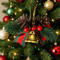 Klassische Goldene Hochwertige UV-Bedruckte Holz-Weihnachtsglocken-Ornamente Tannenzapfen Beeren Rote Grüne Schleife Baumkranz Feiertagsdekoration