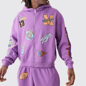 Conjunto Deportivo Morado con Capucha y Logos Aplicados, Ropa Urbana de Algodón de Longitud Completa, Unisex para Adultos, Ropa de Otoño - Product Image 6