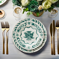 Service de table en céramique de porcelaine de luxe moderne vintage à motifs floraux, couleur verte et bleue personnalisée, vente en gros