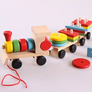 Montessori ของเล่นไม้เพื่อการศึกษาสำหรับเด็ก,ชุดของเล่นรถไฟรูปทรงเรขาคณิตสำหรับการเรียนรู้ขั้นต้นเกมรถแทรคเตอร์สามเกม