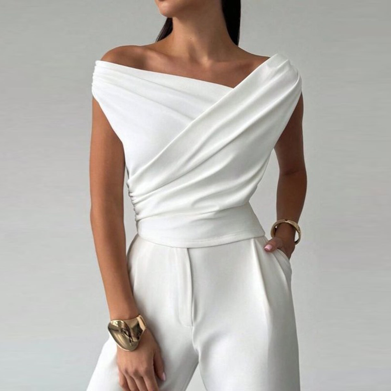 Short Sleeves Skinny Asymmetric Pleated Solid Color Split-Joint Asymmetric Neckline Women's T-Shirts Tops