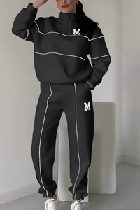 Mùa Thu Mùa Đông Thời Trang Mới Thư In Áo Thiết Lập Dây Kéo Giản Dị Nửa Mở Cổ Áo Dài Tay Áo + Quần Bó Sát Hai-Mảnh Phù Hợp Với - Product Image 4