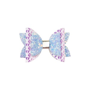 Embroidered Flower Sweet PU Leather and Fabric Butterfly Hairpin Printed Glitter Shiny <b>Bow</b> Three-Layer Bang Hair <b>Clip</b> - Product Image 3