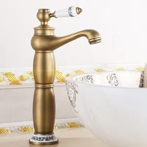 Bathroom Bronze Brass Antique Tall Porcelain Vessel Faucet With Ceramic Porcelain Handle Base Cover Bathroom Basin Faucet