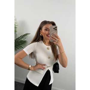 Blouse en tricot drapé à manches courtes avec accessoire solaire, coupe asymétrique minimaliste et élastique pour femme, idéale au quotidien - Product Image 1