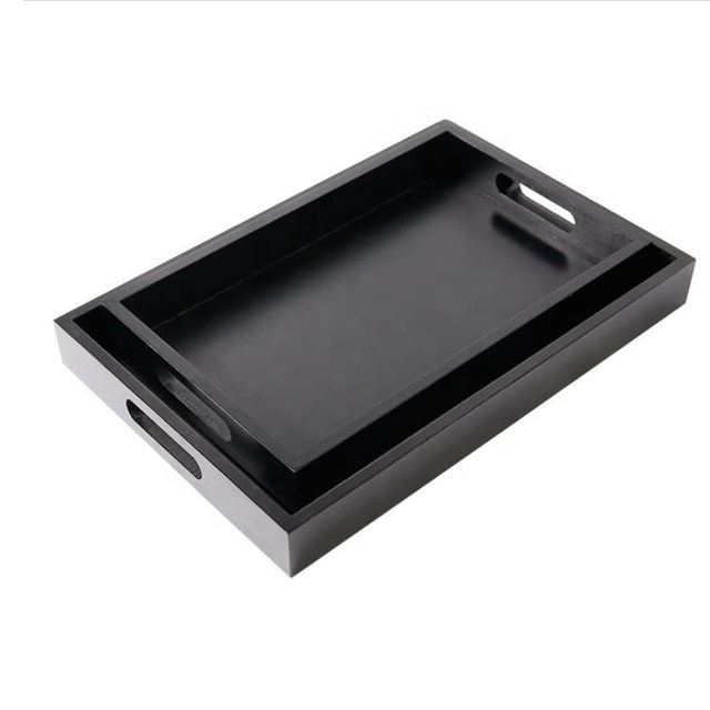 High Quality Custom Serving Tray Beautiful Black Paint Pine Wood Tea Tray with Handle
