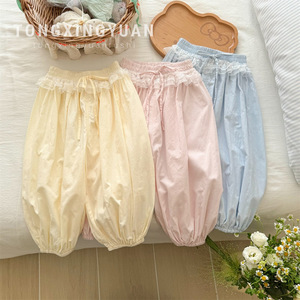 Tongxingyuan Girls' Cotton Lace Trim Jogger Pants Solid Color Summer Casual Pants For Kids - Product Image 1