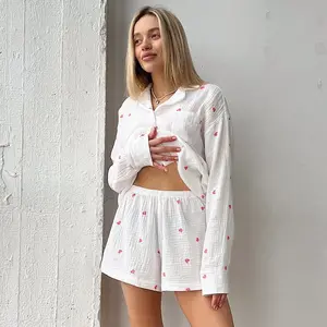 春秋ファッションラブプリントパジャマツーピースセットカジュアルソフトコットンショート女性ホーム服