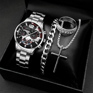 Großhandel Mode 4-teiliges Edelstahl Business Analog-Armbanduhr <span class=keywords><strong>Set</strong></span> mit Kalender, Datum und Armband Quarz-Uhr <span class=keywords><strong>Set</strong></span> für Herren Geschenkset - Product Image 3