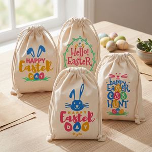 <b>Easter</b> Cotton Drawstring <b>Bags</b> Reusable Gift Packaging Pouches with Heat Transfer Printing Custom Logo for Party Candy - Product Image 2