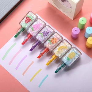 Lot de 6 stylos surligneurs promotionnels non effaçables, motif fruits à paillettes, 6 couleurs, taille mini, pointe de pinceau oblique - Product Image 3