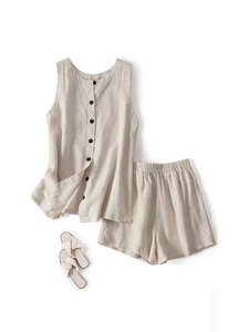 French Style 100% Pure <strong>Linen</strong> Sleeveless Vest <strong>Tops</strong> and Wide Leg Shorts Two Piece Outfit Fashion Casual <strong>Linen</strong> Sets <strong>Women</strong> - Product Image 2