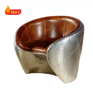 AIRFFY OEM/ODM Brown Lounge Genuine Leather Handmade Upholstered Barrel Chair Industrial Armchair Vintage Aviator Leather Chair