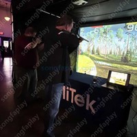 Simulateur de tir virtuel, mur de projection interactif, jeu immersif en réalité augmentée, aire de jeux intérieure, thème Océan et Sable, résolution 1280x800