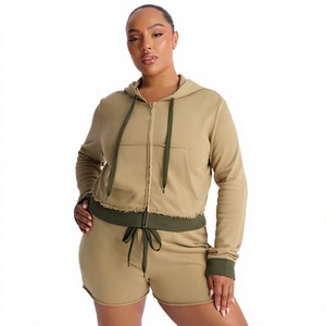 Plus Sizes Women's 2-Piece Hooded Crop <b>Top</b> Shorts Sets 100% Cotton Fleece Casual Activewear Solid Color Short Tracksuit Set - Product Image 1