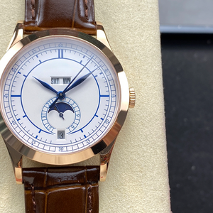 Montre automatique de luxe pour homme, boîtier en or rose, cadran argenté, aiguilles bleues, calendrier annuel, phase de lune, bracelet en cuir - Product Image 1