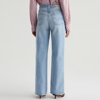 Jean OEM pour femme, taille ultra haute, coupe large, respirant, brodé, à franges, lavable, bleu clair délavé, 100% coton, denim rigide, B2B