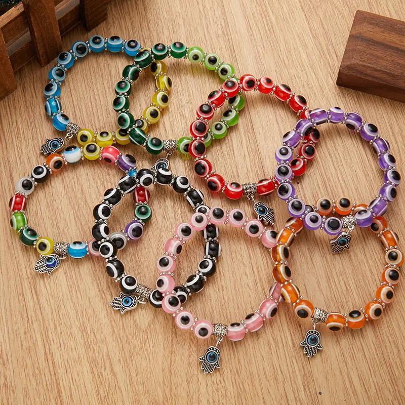 Neue bunte türkische Glas Evil Eye Perlen Fatima Hand Anhänger Elastizität Evil Eye Armband