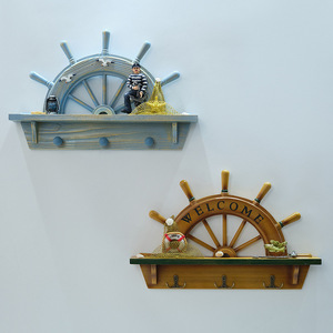 Mediterranean Style Wooden Ship Wheel Wall <b>Shelf</b> <b>With</b> <b>Hooks</b> For Home Decor Living Room Bedroom Entryway - Product Image 1