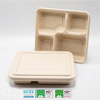 Assiette jetable en canne à sucre à 4 compartiments, plateau rectangulaire pour gâteaux, boîte à pain avec couvercle, boîte à emporter biodégradable