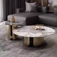 Ensemble de tables basses en pierre frittée de luxe, base en acier inoxydable doré poli, table centrale moderne pour salon