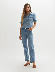 Camicette estive <span class=keywords><strong>da</strong></span> <span class=keywords><strong>donna</strong></span> a maniche corte <span class=keywords><strong>Jeans</strong></span> blusa con colletto spalabile con bottone con bottone e bottone con bottone <span class=keywords><strong>in</strong></span> Denim camicia - Product Image 5
