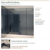 Meuble de cuisine en acrylique au design contemporain, aménagement en U, unités modulaires, boîtes en panneaux de particules et tiroirs à fermeture amortie