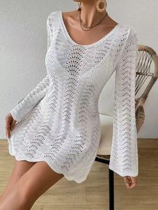 Robe unie ajourée à col rond, polyvalente, à manches longues, pour la <span class=keywords><strong>plage</strong></span>, pour le printemps et l'été, vêtements pour femmes - Product Image 2