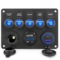 Panneau d'interrupteurs à bascule multifonctionnel pour applications marines avec bloc de fusibles, voltmètre numérique LED, prise allume-cigare et double chargeur USB