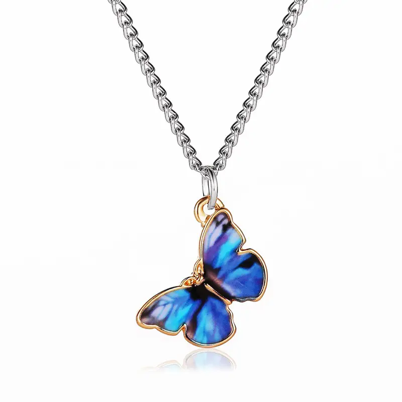 Korean Blue Gradient Butterfly Necklace for Women Girls Silver Color Butterflies Pendant Choker Necklaces Jewelry Gift Wholesale