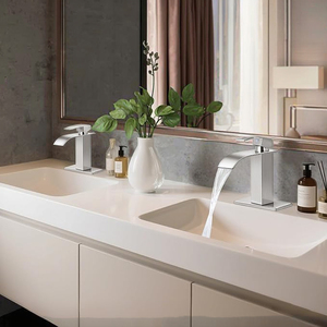 Grifo de baño de cascada-Manija única moderna, se adapta a lavabos de <span class=keywords><strong>1</strong></span> o 3 orificios, con cubierta, drenaje emergente y mangueras de suministro - Product Image 2