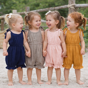 Commercio all'ingrosso del bambino <span class=keywords><strong>vestiti</strong></span> della ragazza di <span class=keywords><strong>estate</strong></span> della ragazza Complessiva Ruffle Globale Per Le Ragazze pagliaccetti del bambino lino abbigliamento per bambini - Product Image 1