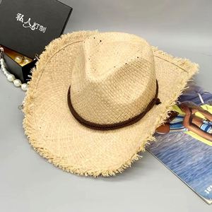Chapeaux de cowboy de plage personnalisés OEM, en paille de raphia avec cordon anti-vent, pour activités promotionnelles - Product Image 5