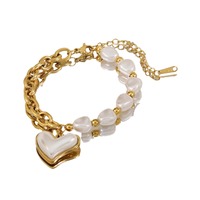 Bracelets à breloques en chaîne patchwork avec pendentif cœur perlé incurvé, en acier inoxydable, accessoires de mode pour filles, bijoux en gros TGSL5802
