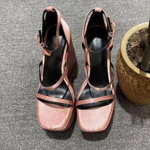 Modern Silk Satin Wedge Heel Sandals Open Square Toe Sexy Summer Platform High Heel <b>Shoes</b> Buckle Strap Covered Heel - Product Image 3