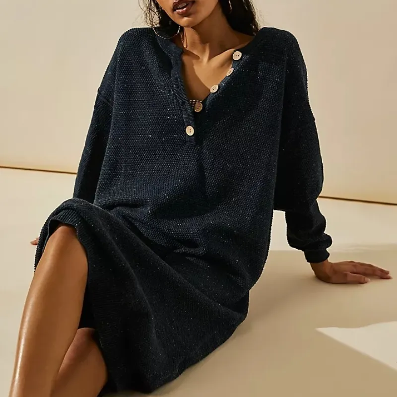 Soiling High quality elegant round neck knitwear button temperament commuter ladies sweater long maxi knitted dress for women