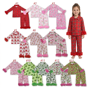 Wholesale Kids Girls Christmas Pajamas Sets Long Sleeve Button-up Tops Pants Sleepwear with <b>Fur</b> <b>Trim</b> Soft Pajamas Outfits - Product Image 1