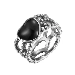 Antique Bohemian Hollow Out 925 Sterling Silver Bezel Set Black Heart Shape Zirconia Rings For Men