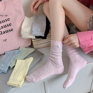Women's Mid Calf Socks Thin Hollow Mesh Slouch Socks With Shell Decoration Milk White Japanese Style Breathable Casual Socks - Product Image 2
