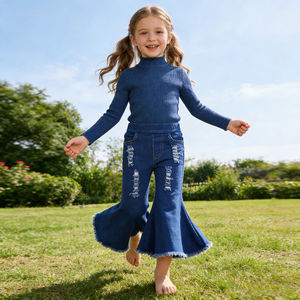 Jeans en denim évasés personnalisés pour petites filles, pantalon à pattes d'éléphant pour enfants, bébés, tout-petits, bleu foncé, déchiré, pour filles de 10 à <span class=keywords><strong>12</strong></span> <span class=keywords><strong>ans</strong></span> - Product Image 2