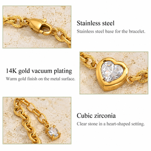 Bracelet en zircone cubique en forme de cœur, chaîne en acier inoxydable à maillons torsadés avec placage sous vide en or 14 carats, couleur or - Product Image 4